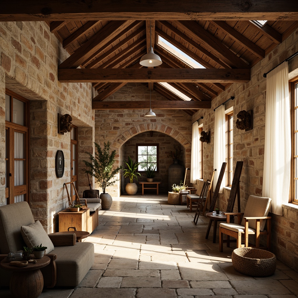 Prompt: Rustic farmhouse interior, wooden beams, exposed brick walls, natural stone flooring, vintage farm tools, distressed wood furniture, soft warm lighting, large windows, skylights, clerestory windows, sheer white curtains, linen textiles, earthy color palette, organic shapes, minimal ornamentation, cozy atmosphere, warm sunny day, gentle shadows, shallow depth of field, 1/1 composition, realistic textures, ambient occlusion.