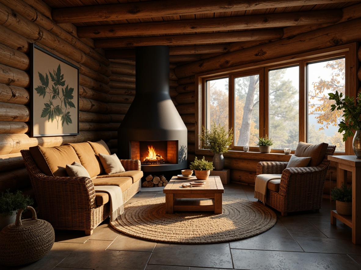 Prompt: Cozy cabin, rustic wooden walls, warm fireplace, plush velvet sofa, soft golden lighting, natural stone floors, woven wicker furniture, earthy terracotta pots, vintage distressed finishes, organic linen fabrics, chunky knitted blankets, woven jute rugs, rough-hewn wooden beams, moss-covered stones, autumnal leaf patterns, misty morning atmosphere, warm color palette, high-contrast shadows, dramatic chiaroscuro.