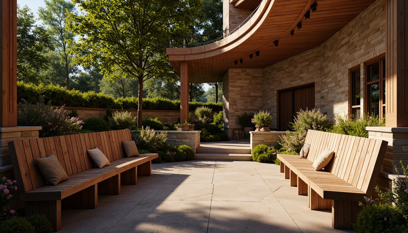 Prompt: Rustic wooden benches, curved seating layout, natural stone walls, earthy tone color palette, amphitheater-style auditorium, craftsman-inspired wood carvings, ornate metal fixtures, warm ambient lighting, shallow depth of field, 3/4 composition, panoramic view, realistic textures, ambient occlusion, lush greenery, blooming flowers, sunny day.