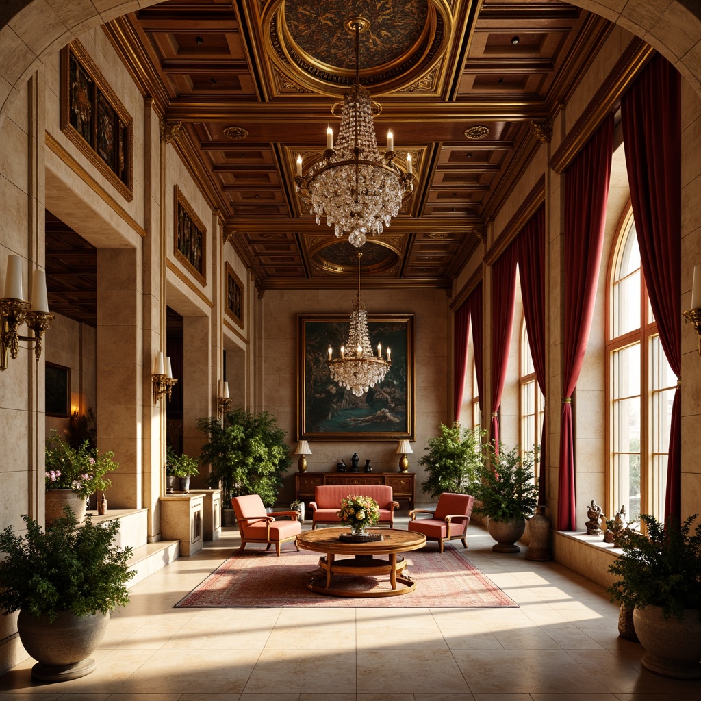 Prompt: Luxurious Renaissance-style interior, rich velvet fabrics, intricate gold leafing, ornate wooden furnishings, lavish crystal chandeliers, warm beige stone walls, soft cream-colored marble floors, opulent jewel-toned tapestries, majestic high ceilings, grandiose archways, warm golden lighting, dramatic shadows, 1/1 composition, realistic textures, ambient occlusion.