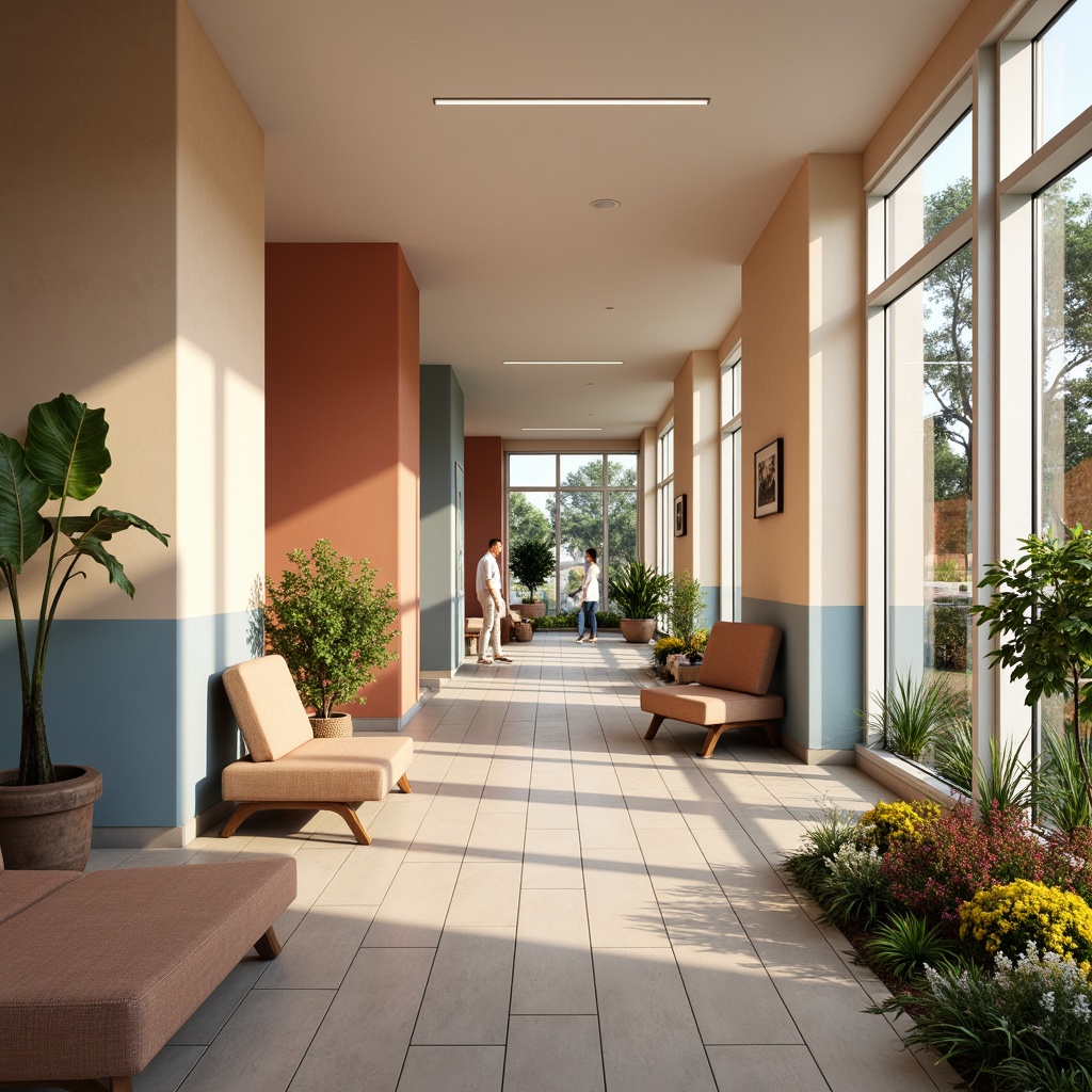 Prompt: Warm beige walls, soft peach accents, calming blue tones, natural wood flooring, comfortable seating areas, gentle lighting, subtle texture variations, soothing color transitions, peaceful atmosphere, minimal ornamentation, functional furniture, adaptive technology integration, private patient rooms, spacious corridors, abundant natural light, serene outdoor views, lush greenery, vibrant flowers, warm sunny days, soft diffused lighting, shallow depth of field, 3/4 composition, realistic textures, ambient occlusion.