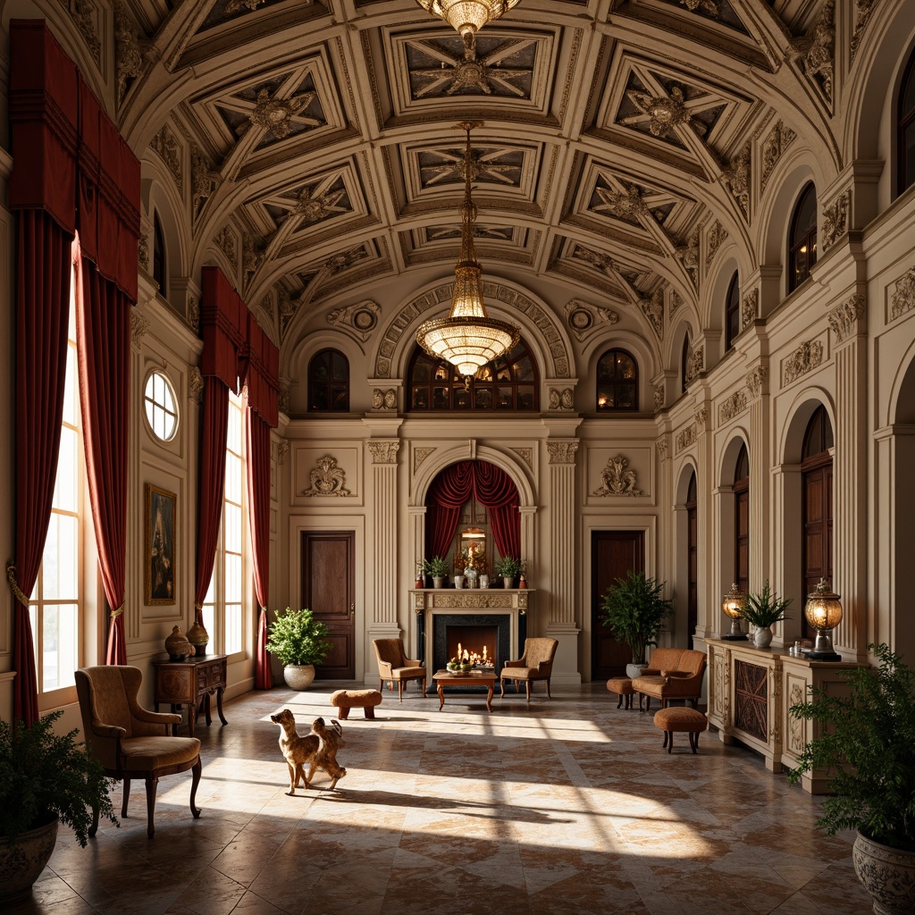 Prompt: Luxurious apartment, Renaissance-inspired architecture, ornate stone carvings, grand archways, intricately patterned ceilings, crystal chandeliers, rich velvet drapes, antique furnishings, carved wooden panels, gilded mirrors, marble floors, intricate molding details, warm golden lighting, shallow depth of field, 1/1 composition, realistic textures, ambient occlusion.