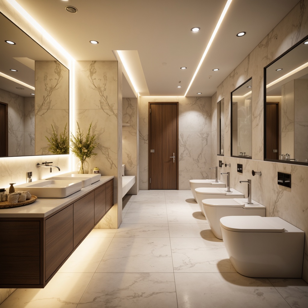 Prompt: Modern powder room, sleek streamline design, soft warm glow, LED light strips, chrome fixtures, minimalist decor, white marble countertops, large mirrors, elegant cabinetry, subtle ambient lighting, 1/2 composition, shallow depth of field, soft focus, atmospheric mist, gentle color palette, luxurious textures, high-gloss finishes, refined elegance.