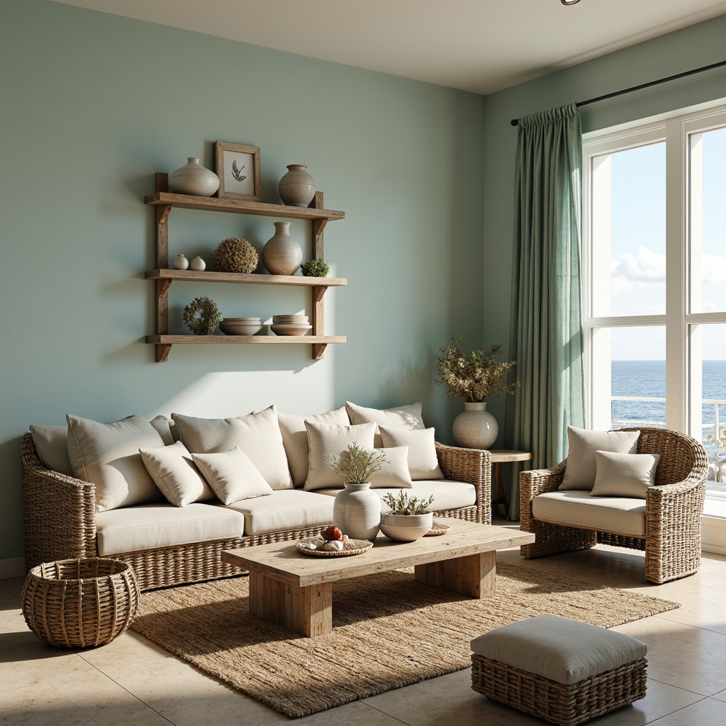 Prompt: Coastal-style living room, soft blue-green walls, natural woven furniture, driftwood coffee table, coral-inspired decorative accents, sea-glass vases, jute rug, ocean-breeze curtains, distressed wood shelving, nautical rope details, shells and pebbles decor, sandy beige tones, warm beachy lighting, 1/2 composition, relaxed atmosphere, ambient glow, realistic textures.