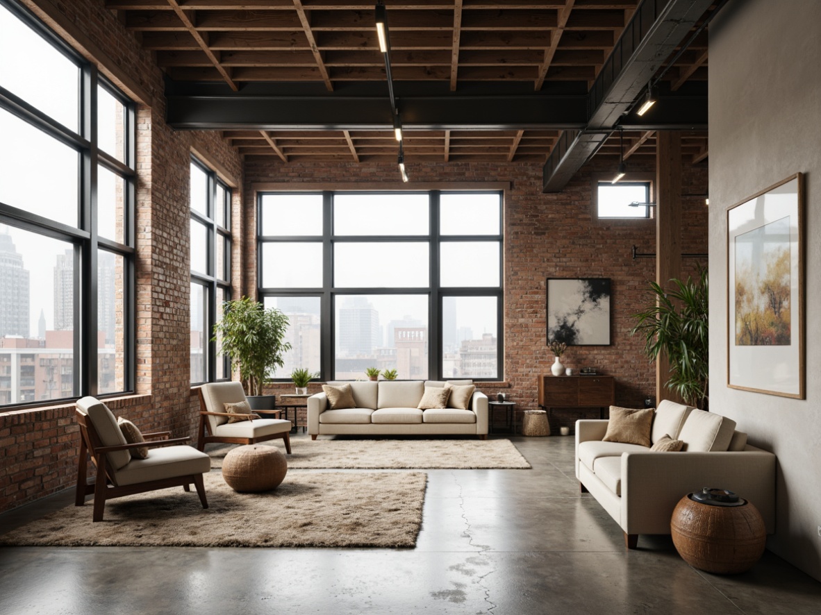 Prompt: Industrial-chic loft interior, polished concrete floors, exposed brick walls, metal beams, modern minimalist decor, urban cityscape views, large windows, natural light pouring in, airy open space, comfortable lounge seating, reclaimed wood accents, industrial-style lighting fixtures, matte black metal frames, creamy white walls, warm beige tones, soft plush area rugs, Scandinavian-inspired furniture pieces, abstract artwork, atmospheric misty morning lighting, shallow depth of field, 1/1 composition, realistic textures.