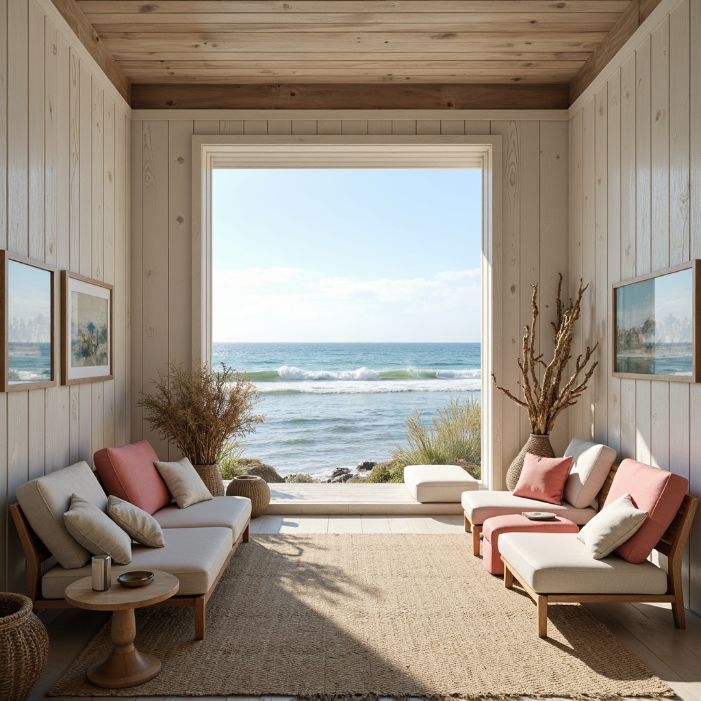 Prompt: Seaside cottage, driftwood accents, soft sandy beige, calming ocean blues, crisp whites, weathered wooden textures, natural fiber rugs, woven sea grass patterns, distressed finishes, vintage nautical decor, coral pink hues, misty morning light, warm sunny afternoons, shallow depth of field, 2/3 composition, atmospheric perspective, realistic water effects, subtle foam details.