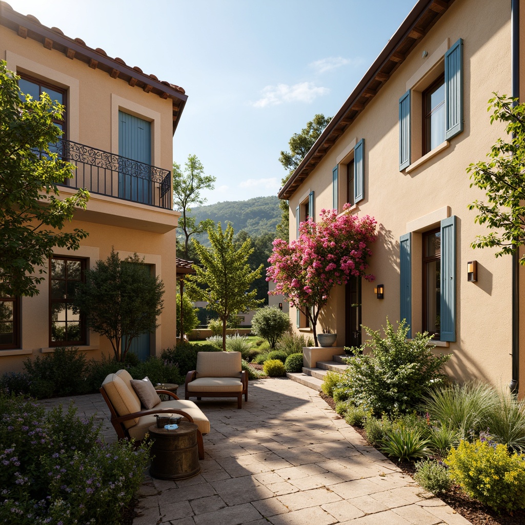 Prompt: Warm beige stucco facades, rustic terracotta roof tiles, soft blue shutters, ornate wrought iron balconies, lush greenery, vibrant bougainvillea flowers, natural stone walkways, earthy tones, sunny day, soft warm lighting, shallow depth of field, 3/4 composition, panoramic view, realistic textures, ambient occlusion.