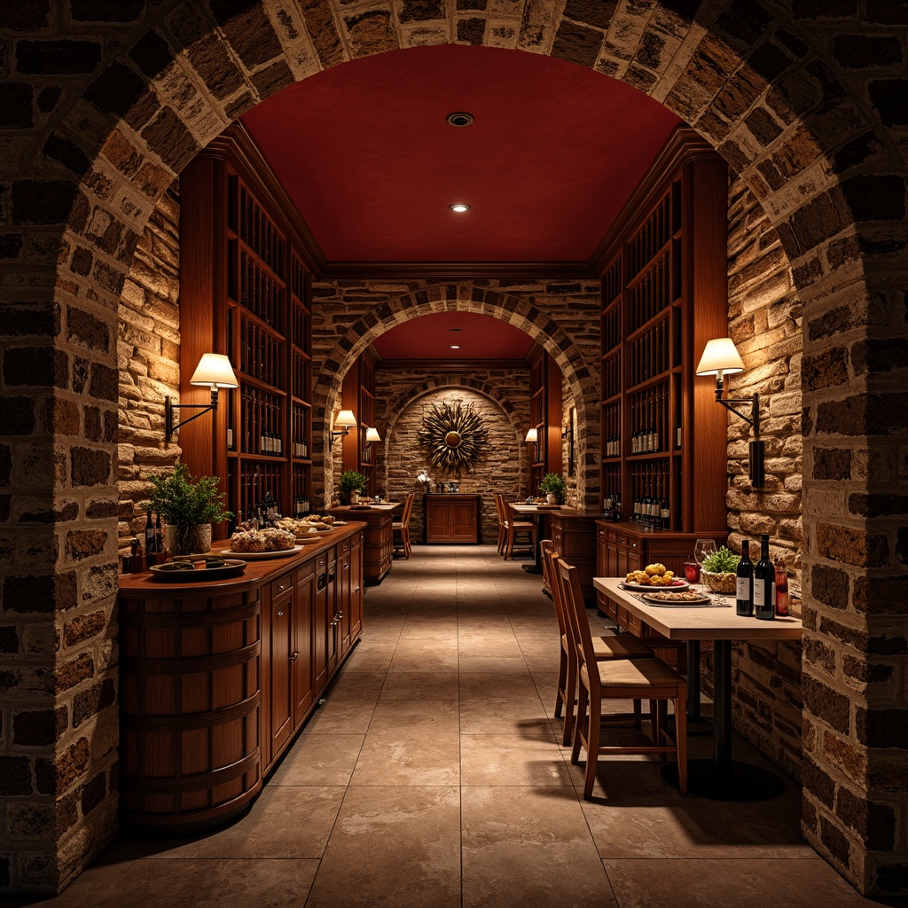 Prompt: Luxurious wine cellar, rich wood tones, dark stone walls, warm earthy colors, burgundy reds, deep berry hues, golden lighting, soft velvet textures, ornate metalwork, intricate stonework, rustic wooden barrels, elegant glassware, sophisticated ambiance, cozy intimate atmosphere, dramatic low-key lighting, 1/2 composition, realistic reflections, ambient occlusion.