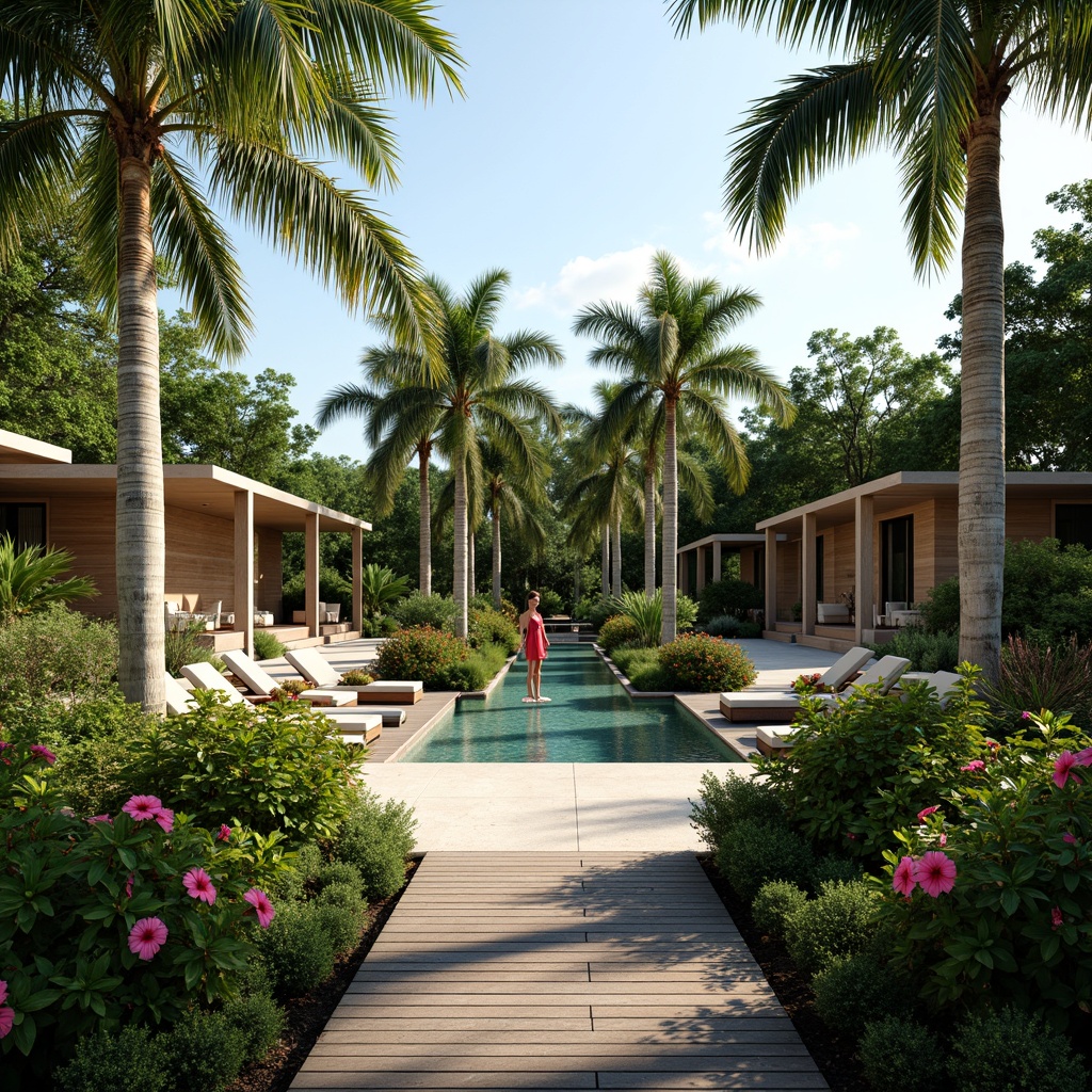 Prompt: Lush tropical gardens, exotic palm trees, vibrant hibiscus flowers, natural stone pathways, wooden bridges, tranquil water features, infinity pools, luxurious resort buildings, modern minimalist design, large overhangs, sliding glass doors, warm sunny days, soft diffused lighting, shallow depth of field, 3/4 composition, panoramic views, realistic textures, ambient occlusion.