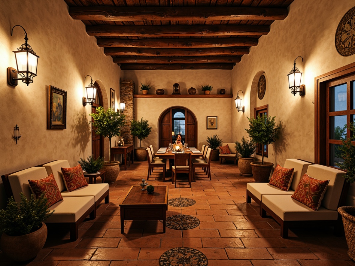 Prompt: Warm Mediterranean villa, rustic stone walls, arched windows, distressed wood beams, ornate metal lanterns, wrought iron chandeliers, soft warm glow, candlelight ambiance, earthy terracotta floors, vintage ceramic tiles, decorative mosaic patterns, lush greenery, natural fabrics, woven baskets, colorful tapestries, golden accents, rustic wooden furniture, cozy seating areas, intimate dining spaces, warm color palette, ambient lighting, 1/1 composition, shallow depth of field, realistic textures.