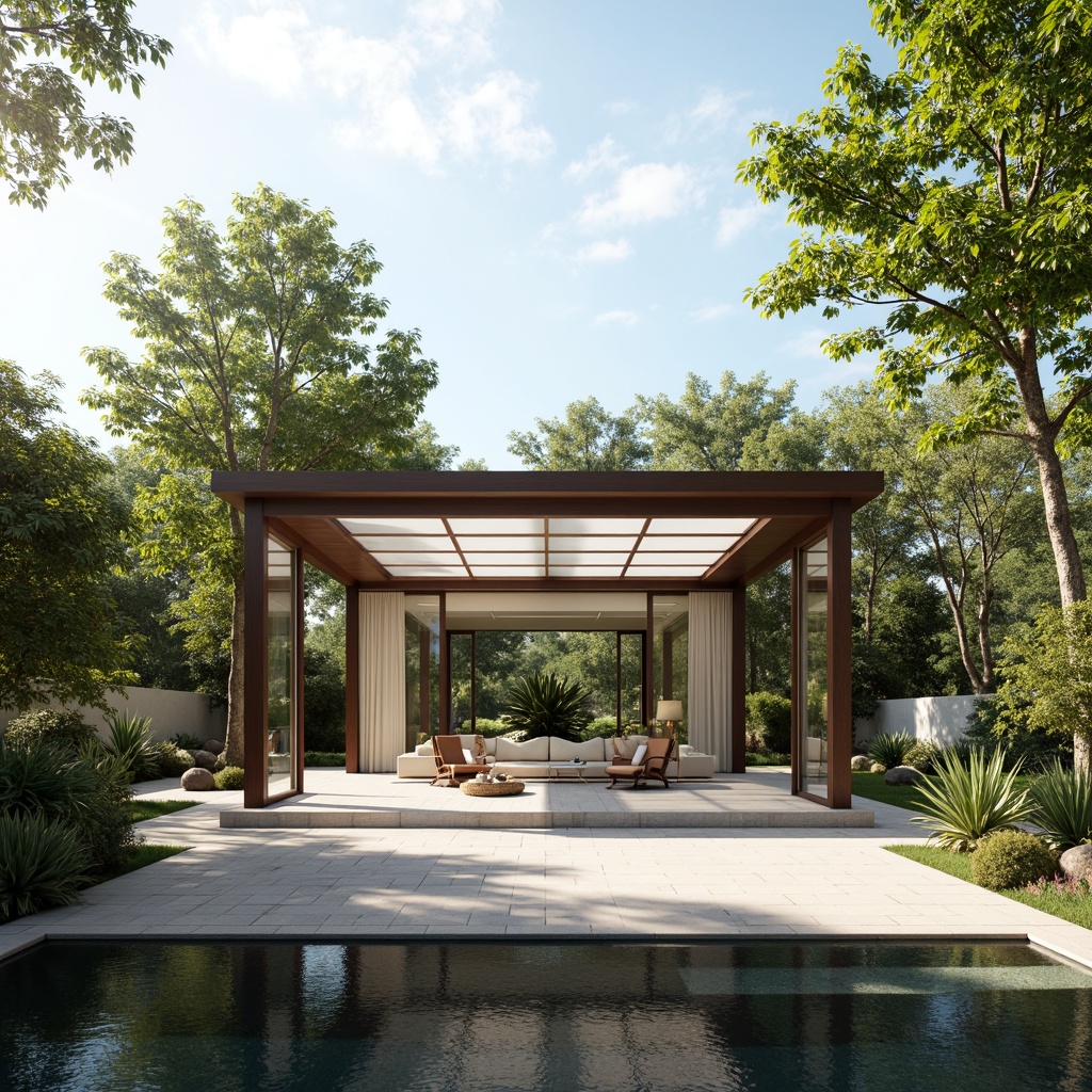 Prompt: Simple pavilion structure, minimalist architecture, large glass windows, sliding doors, clerestory rooflights, transparent roofing materials, reflective flooring, polished concrete surfaces, natural stone accents, wooden beams, open floor plan, airy interior spaces, abundant greenery, lush plants, tropical trees, warm sunny day, soft diffused lighting, subtle shadows, 1/1 composition, shallow depth of field, realistic textures, ambient occlusion.