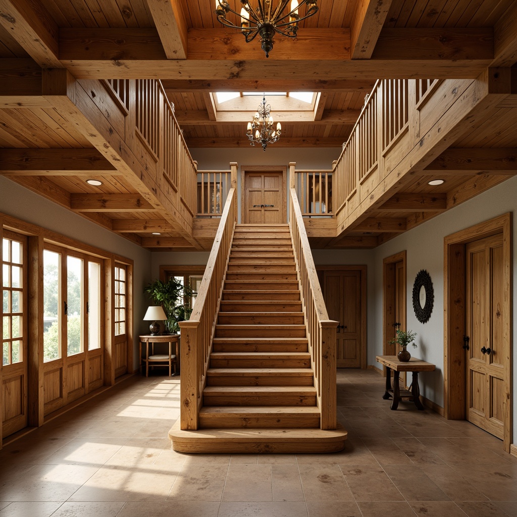 Prompt: Rustic wooden staircase, natural oak wood, handcrafted railings, ornate carvings, distressed finishes, warm beige tones, earthy textures, traditional craftsmanship, grand entrance hall, high ceilings, elegant chandeliers, soft warm lighting, subtle shadows, shallow depth of field, 1/2 composition, realistic wood grain, ambient occlusion.