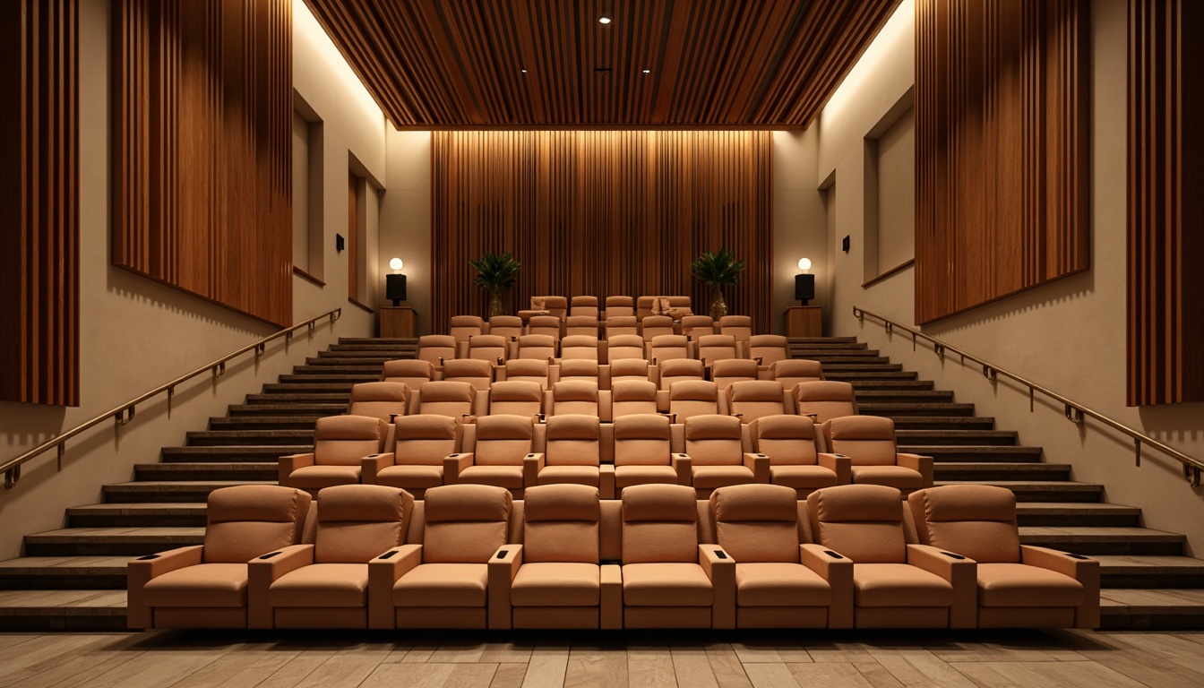 Prompt: Elegant cinema interior, luxurious velvet seats, wooden acoustic panels, sound-absorbing materials, diffused lighting, warm beige tones, modern minimalist decor, sleek metal railings, subtle ambient illumination, 1/1 composition, realistic textures, soft focus effect, cinematic atmosphere, professional audio equipment, high-fidelity speakers, soundproofing insulation, precision-cut wooden accents, refined architectural details.