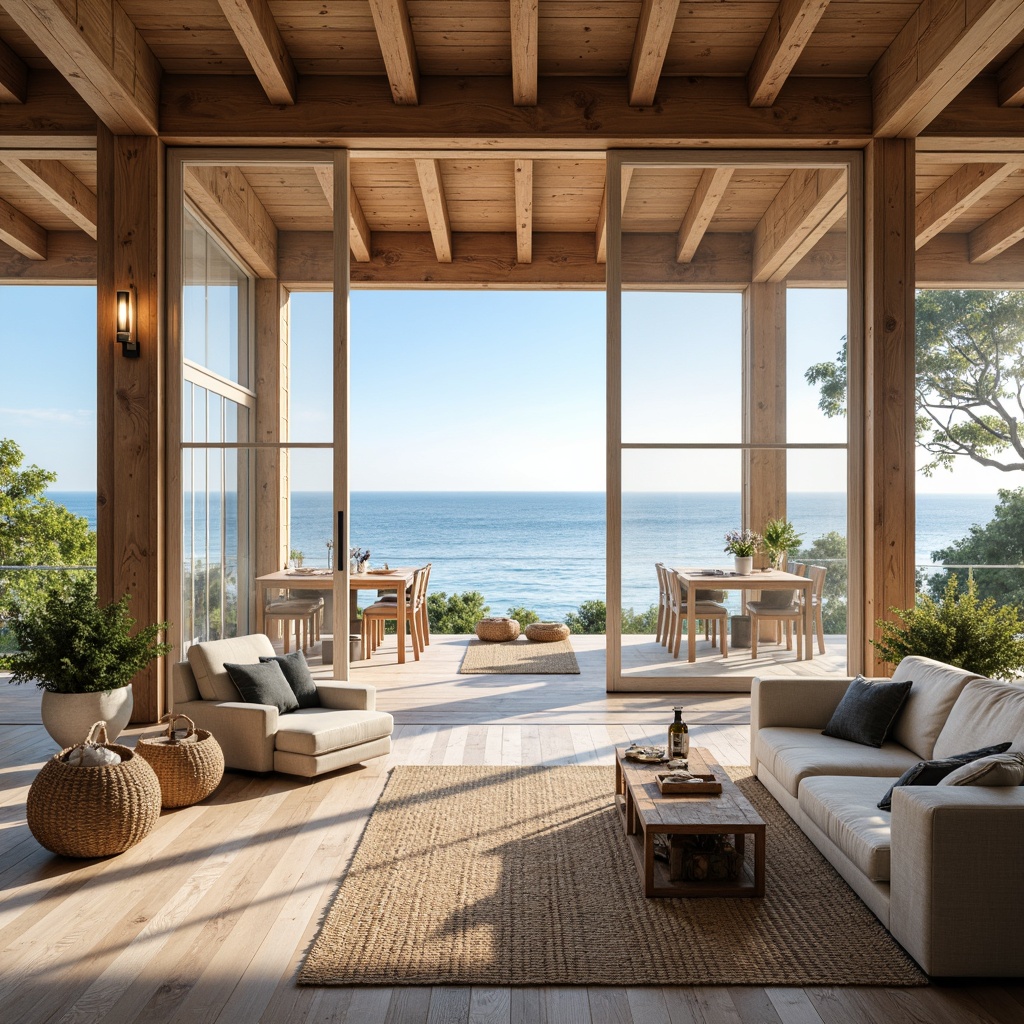 Prompt: Coastal beach house, large windows, sliding glass doors, open floor plan, high ceilings, natural wood accents, woven textiles, jute rugs, driftwood decor, ocean views, sunny day, soft warm lighting, shallow depth of field, 1/1 composition, panoramic view, realistic textures, ambient occlusion, calming color palette, whites and blues, sea salt air, beachy vibe.