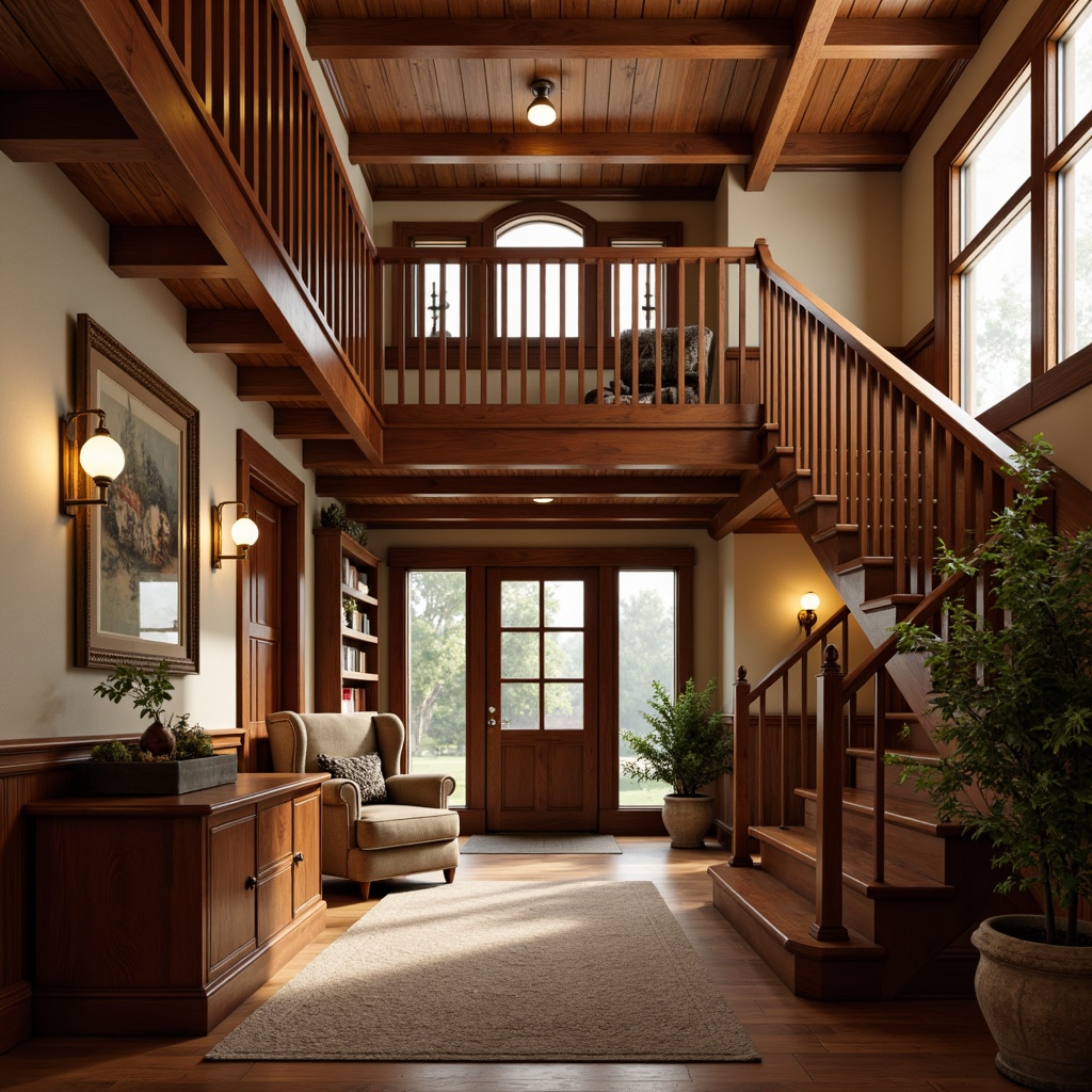 Prompt: Richly stained wooden handrails, ornate carvings, warm oak wood tones, bespoke staircase design, traditional craftsman style, rustic charm, cozy atmosphere, soft warm lighting, shallow depth of field, 1/1 composition, realistic textures, ambient occlusion, wooden banisters, intricate balusters, wooden treads, plush carpeting, comfortable seating areas, natural stone walls, earthy color palette, inviting entryway.