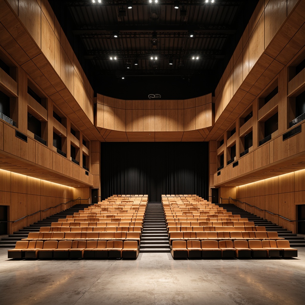 Prompt: Streamlined auditorium, modern minimalist architecture, curved lines, wooden accents, sound-absorbing panels, geometric patterns, sleek metal frames, premium leather seats, polished concrete floors, dramatic ceiling heights, professional stage lighting, soft warm spotlights, shallow depth of field, 3/4 composition, panoramic view, realistic textures, ambient occlusion.