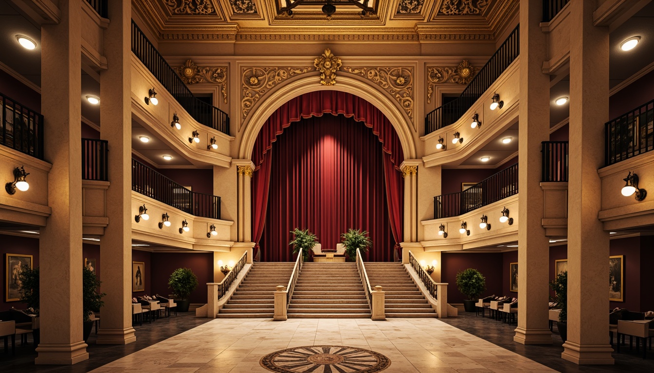 Prompt: Grand performing arts center, neoclassical architecture, Corinthian columns, ornate details, marble floors, grand staircase, sweeping arches, high ceilings, chandeliers, red velvet curtains, golden accents, intricate moldings, symmetrical facade, dramatic spotlights, soft warm lighting, shallow depth of field, 1/2 composition, realistic textures, ambient occlusion.