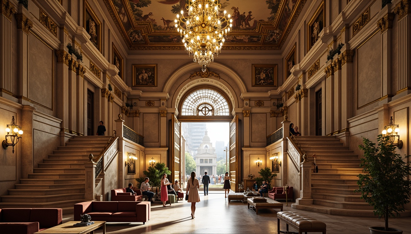 Prompt: Grandiose museum entrance, ornate gilded gates, intricately carved stone fa\u00e7ade, sweeping staircases, crystal chandeliers, lavish furnishings, velvet drapes, golden accents, delicate frescoes, soft warm lighting, shallow depth of field, 1/2 composition, symmetrical architecture, Rococo-inspired ornamentation, intricate moldings, ornate mirrors, marble floors, grand atrium, natural history exhibits, taxidermy displays, antique artifacts, luxurious textiles, rich wood paneling.