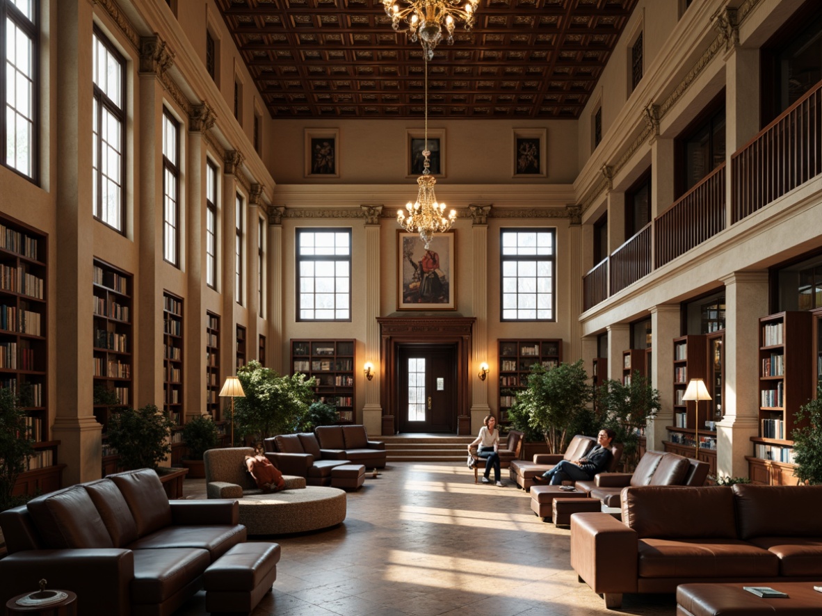 Prompt: Traditional university buildings, classic columns, ornate facades, rich wood accents, leather-bound books, elegant chandeliers, sophisticated color palette, muted earth tones, warm beige walls, deep blue accents, golden lighting, subtle texture overlays, realistic rendering, atmospheric perspective, 1/1 composition, soft focus effect.