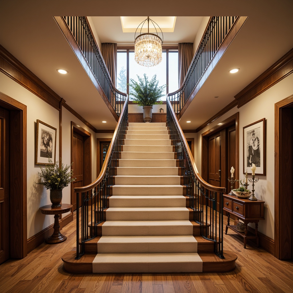 Prompt: Elegant staircase, luxurious hardwood flooring, ornate metal railings, curved balusters, polished chrome handrails, sophisticated newel posts, grand entrance foyer, high-ceiling hallway, crystal chandelier, soft warm lighting, 1/2 composition, shallow depth of field, realistic wood textures, ambient occlusion.