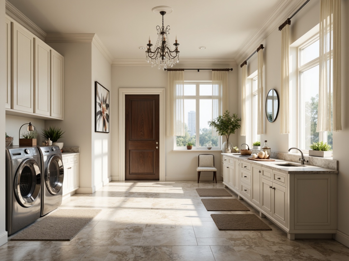 Prompt: Elegant laundry room, soft creamy whites, rich charcoal grays, warm beige tones, luxurious marble countertops, sleek stainless steel appliances, polished chrome fixtures, crystal chandeliers, plush area rugs, natural stone floors, minimalist modern design, abundant natural light, subtle gradient shadows, 1/1 composition, realistic reflections, ambient occlusion.