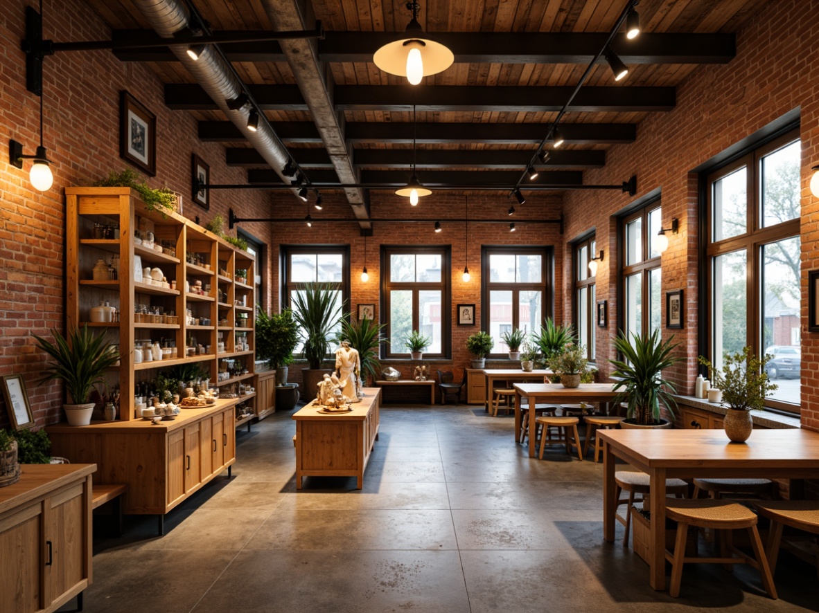 Prompt: Vibrant store interior, rustic wooden accents, exposed brick walls, distressed metal beams, reclaimed wood shelving, industrial-style lighting fixtures, eclectic decorative items, open floor plan, functional storage spaces, cozy nooks, natural stone flooring, earthy color palette, warm ambient lighting, shallow depth of field, 1/1 composition, realistic textures, soft focus blur.