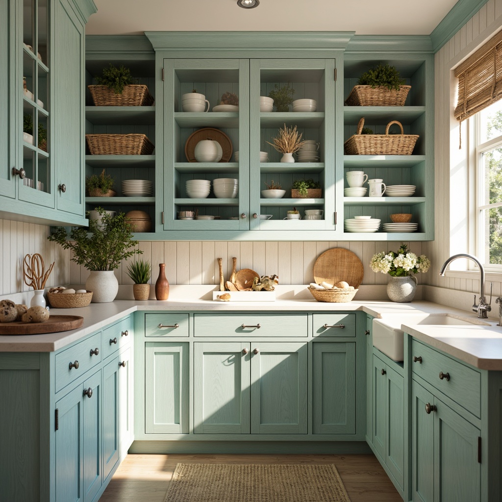 Prompt: Coastal style pantry, driftwood cabinetry, soft blue-green hues, weathered wood textures, ocean-inspired hardware, glass-front cabinets, open shelving, nautical rope accents, woven sea grass baskets, crisp white countertops, polished nickel fixtures, sunny beachy atmosphere, warm golden lighting, shallow depth of field, 1/1 composition, realistic reflections, ambient occlusion.