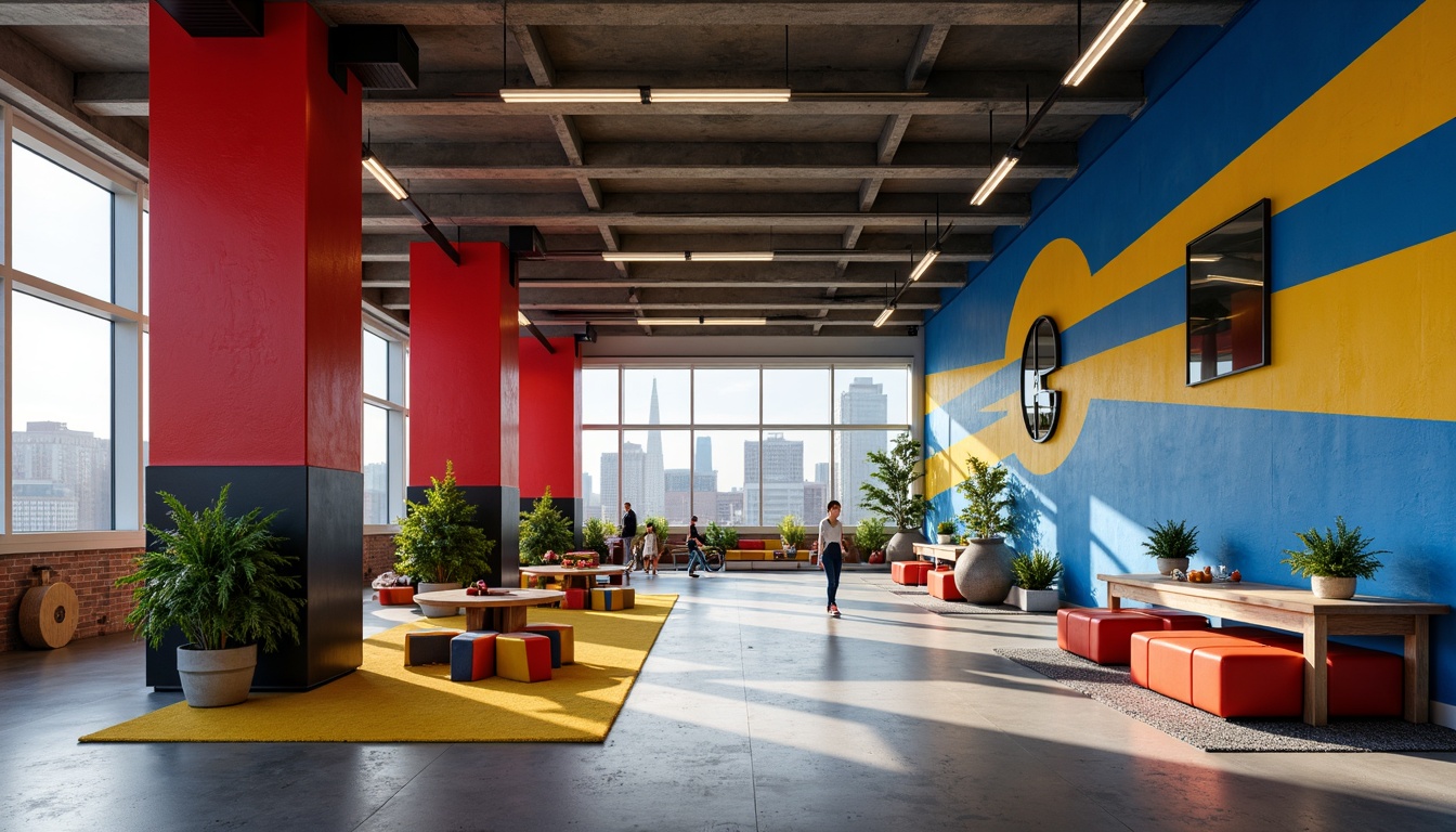 Prompt: Vibrant community center, bold geometric forms, primary color scheme, bright red accents, deep blue tones, yellow and black contrasts, industrial materials, exposed ductwork, polished concrete floors, minimalist decor, functional lighting, urban landscape, city skyline, modern architecture, brutalist influences, abstract sculptures, graphic patterns, dynamic angular lines, 1/1 composition, high-contrast lighting, cinematic atmosphere.