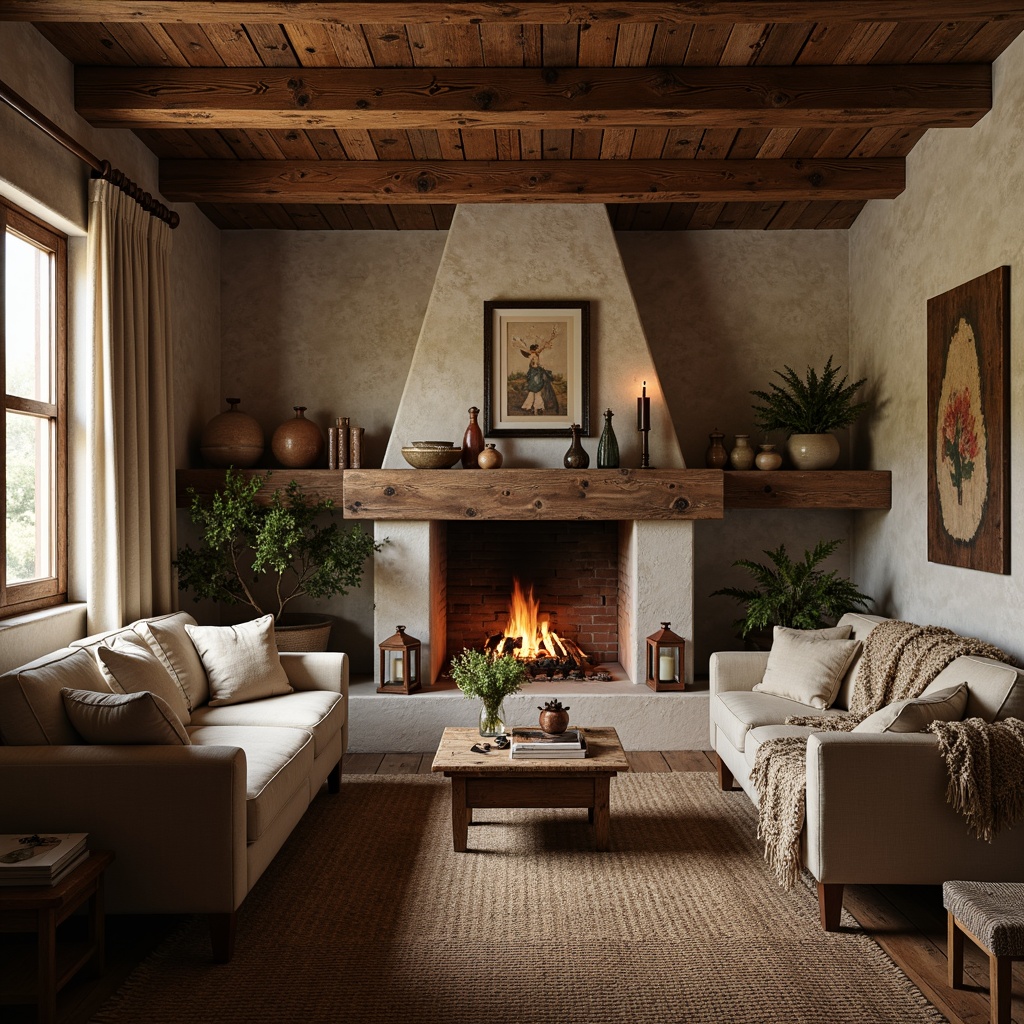 Prompt: Rustic cabin, wooden accents, natural stone walls, earthy color palette, vintage furniture, distressed wood textures, woven baskets, jute rugs, linen fabrics, exposed beams, wooden ceiling, cozy fireplaces, lantern lighting, warm ambient glow, soft focus, 1/2 composition, intimate atmosphere, organic shapes, earthy scent, natural materials, worn leather armchairs.