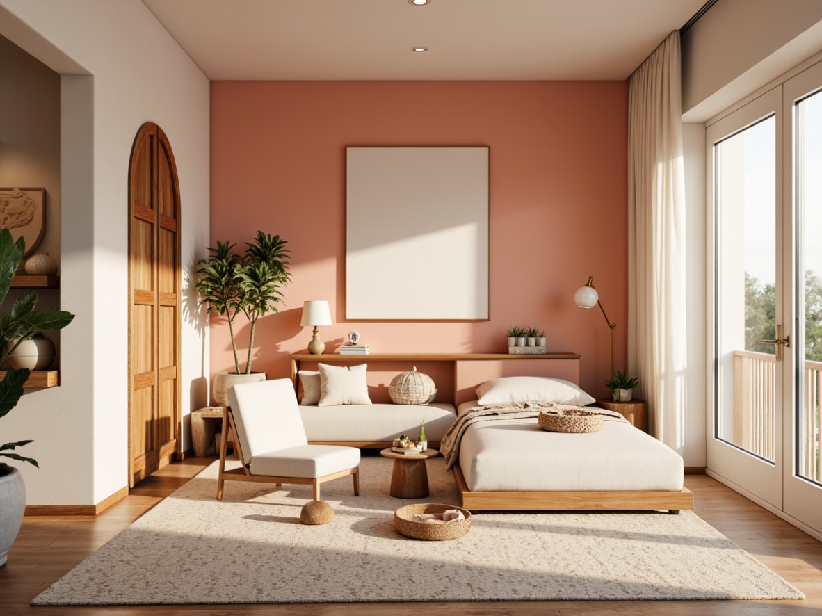 Prompt: Vibrant modern interior, pastel color scheme, soft peach tones, creamy whites, rich wood accents, metallic gold details, natural textiles, cozy atmosphere, warm lighting, shallow depth of field, 1/1 composition, realistic textures, ambient occlusion.