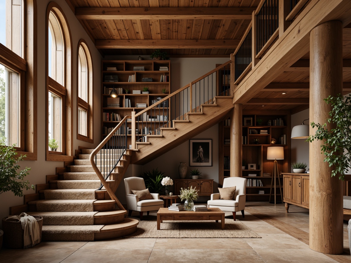 Prompt: Rustic wooden staircases, distressed oak treads, ornate metal balusters, rich walnut handrails, decorative newel posts, warm beige carpeting, natural stone flooring, earthy tone walls, cozy reading nooks, soft warm lighting, shallow depth of field, 3/4 composition, realistic textures, ambient occlusion.