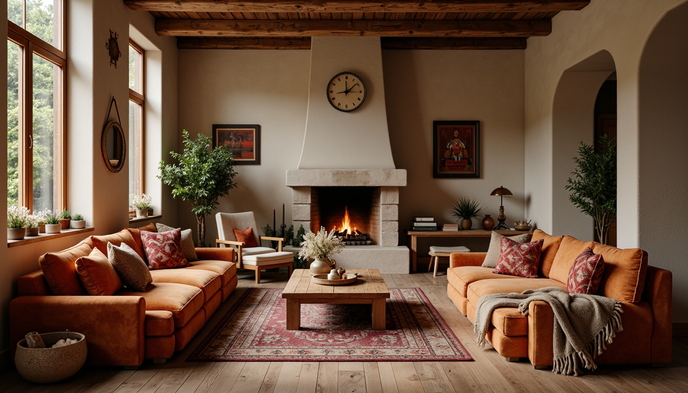 Prompt: Cozy living room, plush velvet sofas, soft woven blankets, rustic wooden floors, warm beige walls, crackling fireplace, comfortable cushions, vibrant colorful throw pillows, natural fiber rugs, earthy tone ceramics, ambient warm lighting, shallow depth of field, 1/1 composition, realistic textures, intimate atmosphere.