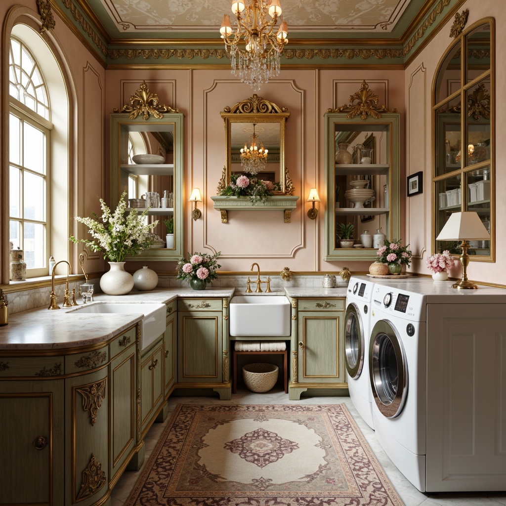 Prompt: Ornate laundry room, gold accents, soft pastel colors, intricately carved wooden cabinets, ornamental mirrors, delicate porcelain vases, luxurious velvet fabrics, gilded metal fixtures, crystal chandeliers, marble countertops, elegant curved lines, whimsical decorative motifs, antique-inspired furniture pieces, distressed finishes, warm candlelight, 1/1 composition, shallow depth of field, soft focus, romantic ambiance.