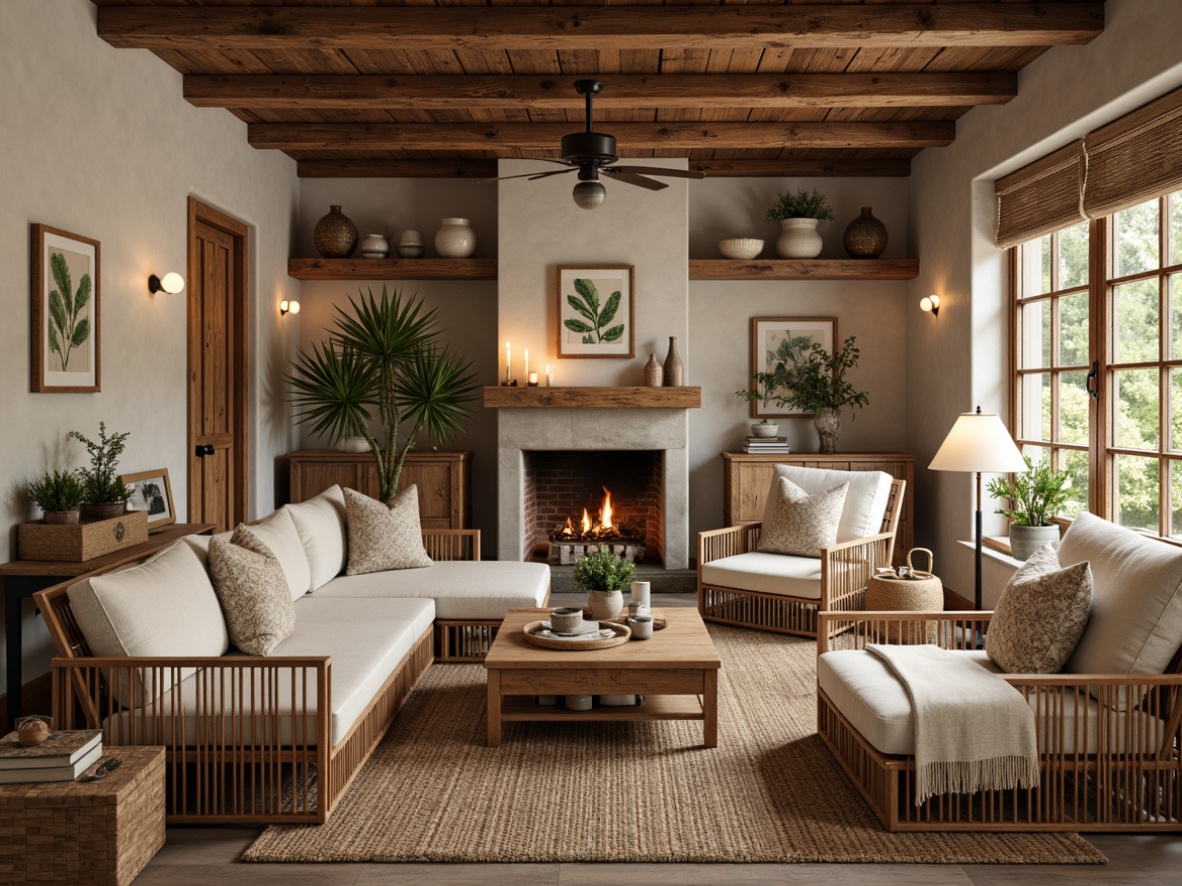 Prompt: Rustic farmhouse interior, earthy tone color palette, natural textures, reclaimed wood accents, vintage metal fixtures, woven wicker furniture, plush linen upholstery, soft candle lighting, cozy fireplace nook, distressed wooden beams, stone walls, organic patterns, botanical prints, potted greenery, warm beige tones, creamy whites, mossy greens, terracotta reds, natural fiber rugs, woven baskets, traditional country charm, inviting atmosphere, shallow depth of field, 1/1 composition, soft focus, realistic textures.