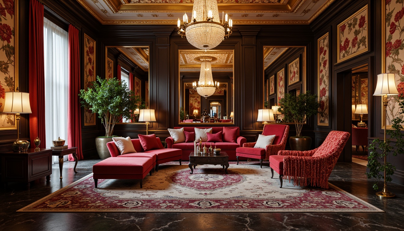 Prompt: Luxurious penthouse interior, opulent Art Deco style, velvet fabrics, metallic threads, bold geometric patterns, rich jewel tones, lavish furnishings, marble floors, ornate mirrors, gilded accents, crystal chandeliers, luxurious throw pillows, satin drapes, intricate tapestries, antique rugs, statement walls, dramatic ceiling details, ambient warm lighting, 1/2 composition, shallow depth of field, realistic reflections.