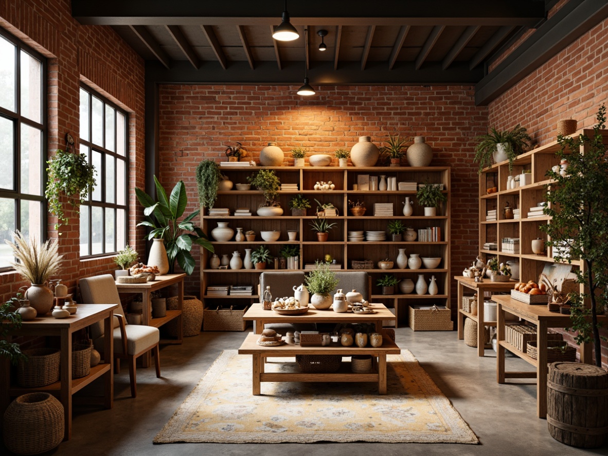 Prompt: Warm industrial store interior, reclaimed wood shelves, exposed brick walls, metal beams, vintage decorative items, earthy color palette, terracotta pots, woven baskets, natural textiles, soft warm lighting, cozy atmospheric mood, 1/1 composition, shallow depth of field, realistic textures, ambient occlusion.