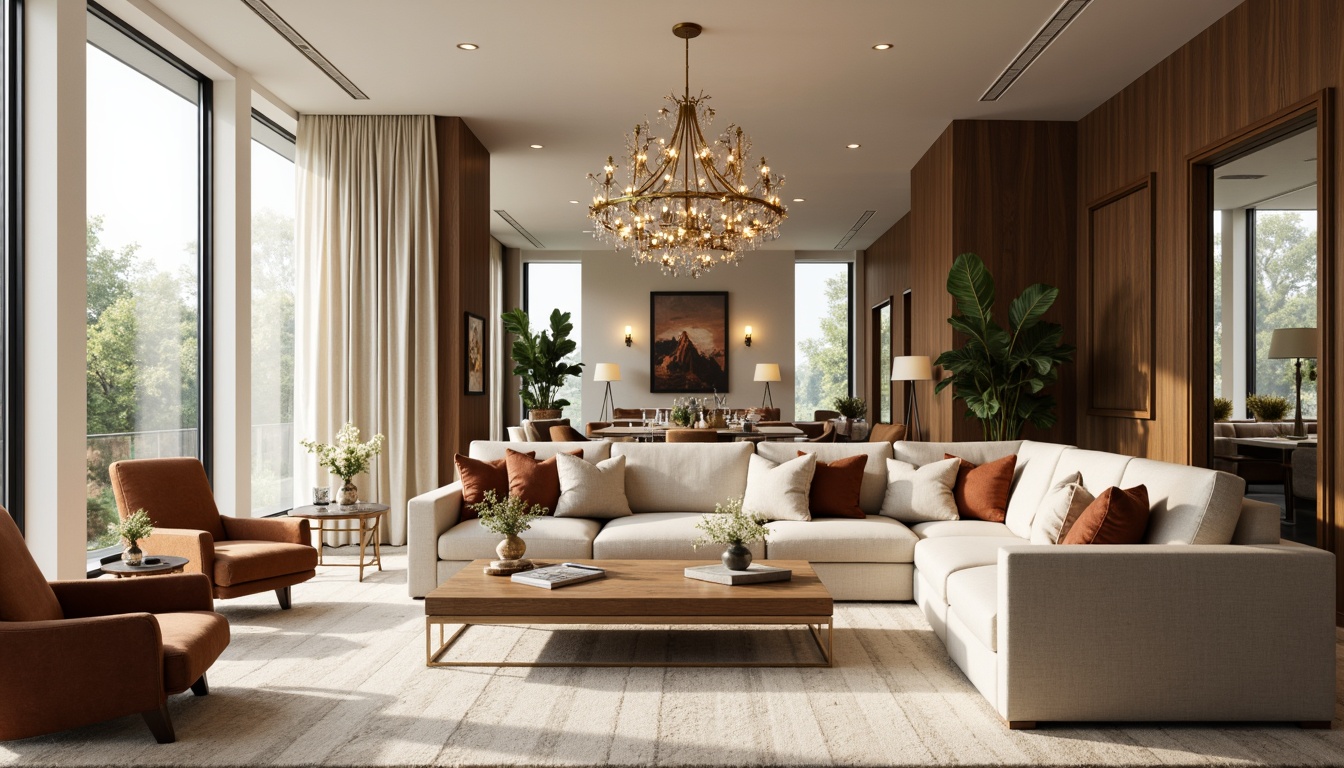 Prompt: Luxurious living room, plush velvet sofas, reclining armchairs, wooden coffee tables, metallic legs, soft cream carpets, elegant chandeliers, floor-to-ceiling windows, natural light pouring in, subtle warm beige walls, rich dark wood accents, sophisticated minimalist decor, refined modern lines, comfortable oversized pillows, ornate mirrors, lavish drapery, warm neutral color palette, inviting atmosphere, shallow depth of field, 2/3 composition, softbox lighting, realistic textures.