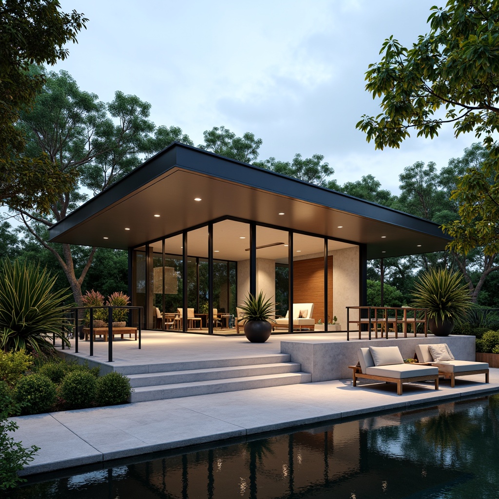 Prompt: Minimalist pavilion, open-air structure, cantilevered roof, sleek metal beams, polished concrete floors, floor-to-ceiling glass walls, sliding glass doors, abundant natural light, airy atmosphere, lush greenery surroundings, tropical plants, wooden benches, modern sculptures, warm LED lighting, shallow depth of field, 3/4 composition, panoramic view, realistic textures, ambient occlusion.