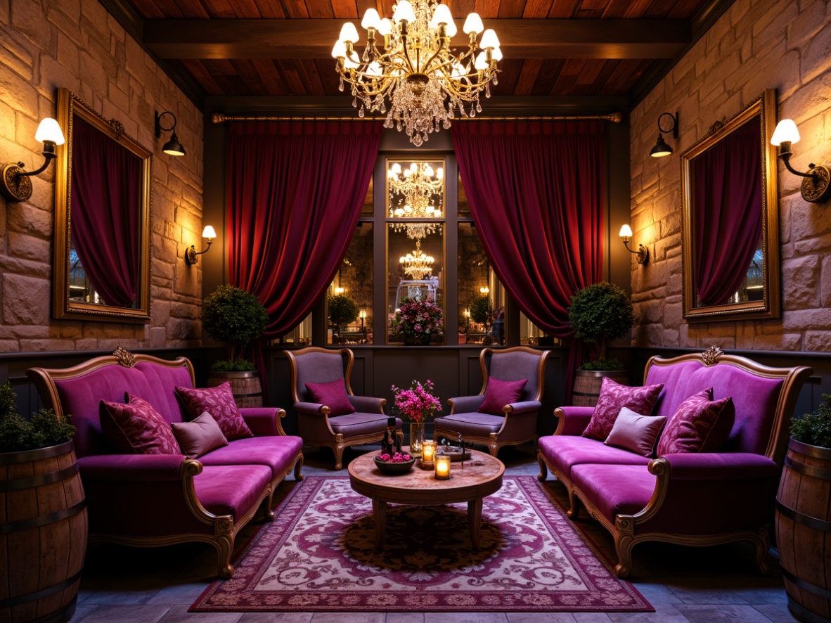 Prompt: Luxurious velvet sofas, ornate wooden armchairs, rustic stone walls, dimmed crystal chandeliers, rich red curtains, metallic gold accents, vintage wine barrels, distressed wooden tables, soft candle lighting, cozy intimate seating areas, elegant marble floors, antique decorative mirrors, lavish flower arrangements, mysterious purple hues, 1/2 composition, low-key warm illumination, realistic fabric textures.