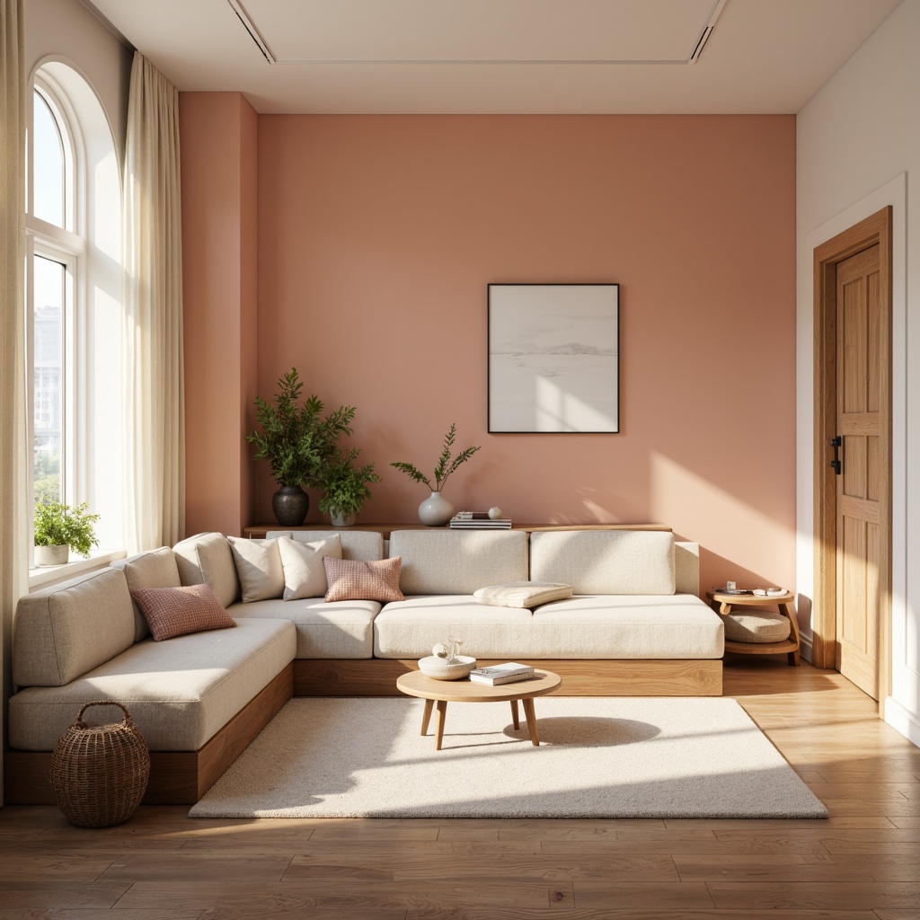 Prompt: Soft peach walls, creamy white accents, warm beige furniture, rich walnut wood tones, subtle golden lighting, gentle lavender highlights, soothing sage greenery, delicate ivory textures, elegant curved lines, refined minimalist decor, natural earthy atmosphere, cozy intimate ambiance, relaxed modern aesthetic, 1/1 composition, soft focus blur, warm atmospheric lighting.