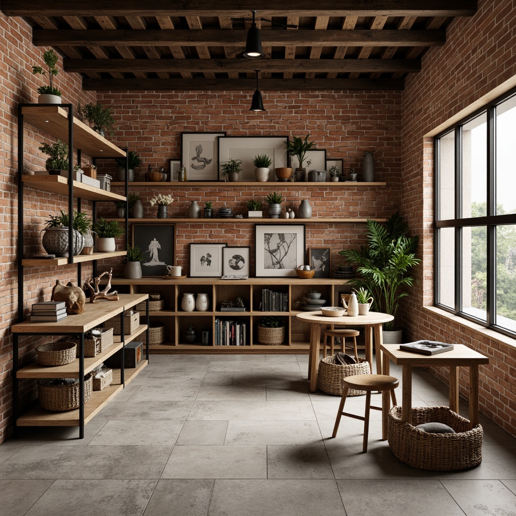 Prompt: Rustic wooden shelves, vintage metal racks, distressed brick walls, earthy tone color palette, natural stone flooring, reclaimed wood accents, industrial-style lighting fixtures, minimalist display tables, woven rattan baskets, potted greenery, abstract geometric patterns, warm softbox lighting, shallow depth of field, 1/1 composition, realistic textures, ambient occlusion.