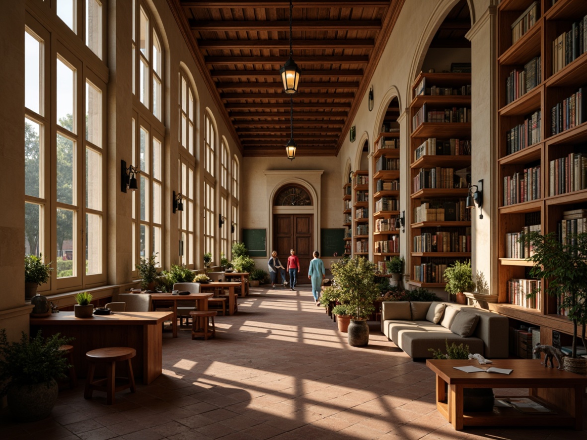 Prompt: Traditional university buildings, rich wood tones, warm beige walls, creamy white columns, ornate stone carvings, vintage chalkboards, leather-bound books, dimly lit libraries, cozy reading nooks, earthy red brick fa\u00e7ades, rustic metal lanterns, soft warm lighting, shallow depth of field, 2/3 composition, realistic textures, ambient occlusion.