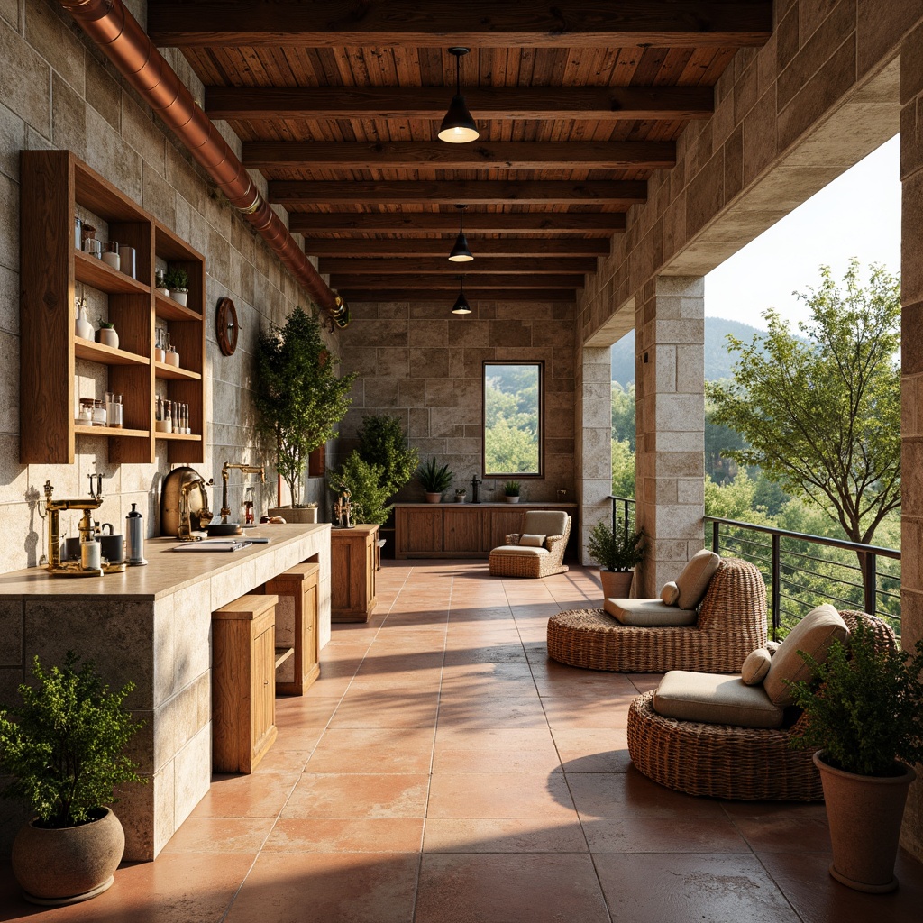 Prompt: Weathered stone walls, rustic wooden accents, distressed metal fixtures, earthy terracotta floors, natural linen fabrics, woven rattan furniture, vintage scientific instruments, ornate copper piping, warm beige countertops, lush greenery, potted olive trees, soft warm lighting, shallow depth of field, 3/4 composition, panoramic view, realistic textures, ambient occlusion.