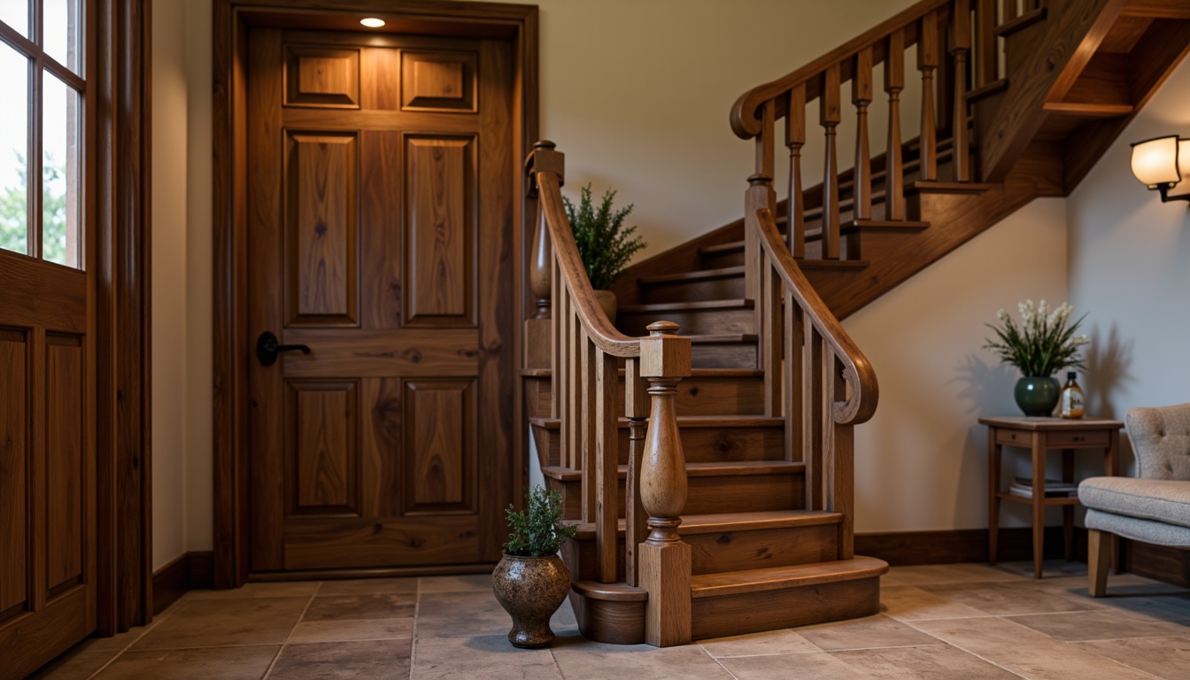 Prompt: Traditional craftsman staircase, rustic wooden handrails, ornate newel posts, rich walnut wood tone, intricate woodworking details, elegant curved lines, classic baluster design, warm ambient lighting, cozy atmosphere, natural stone flooring, earthy color palette, organic textures, shallow depth of field, 1/2 composition, soft focus effect, realistic wood grain, subtle shadows, inviting entrance.