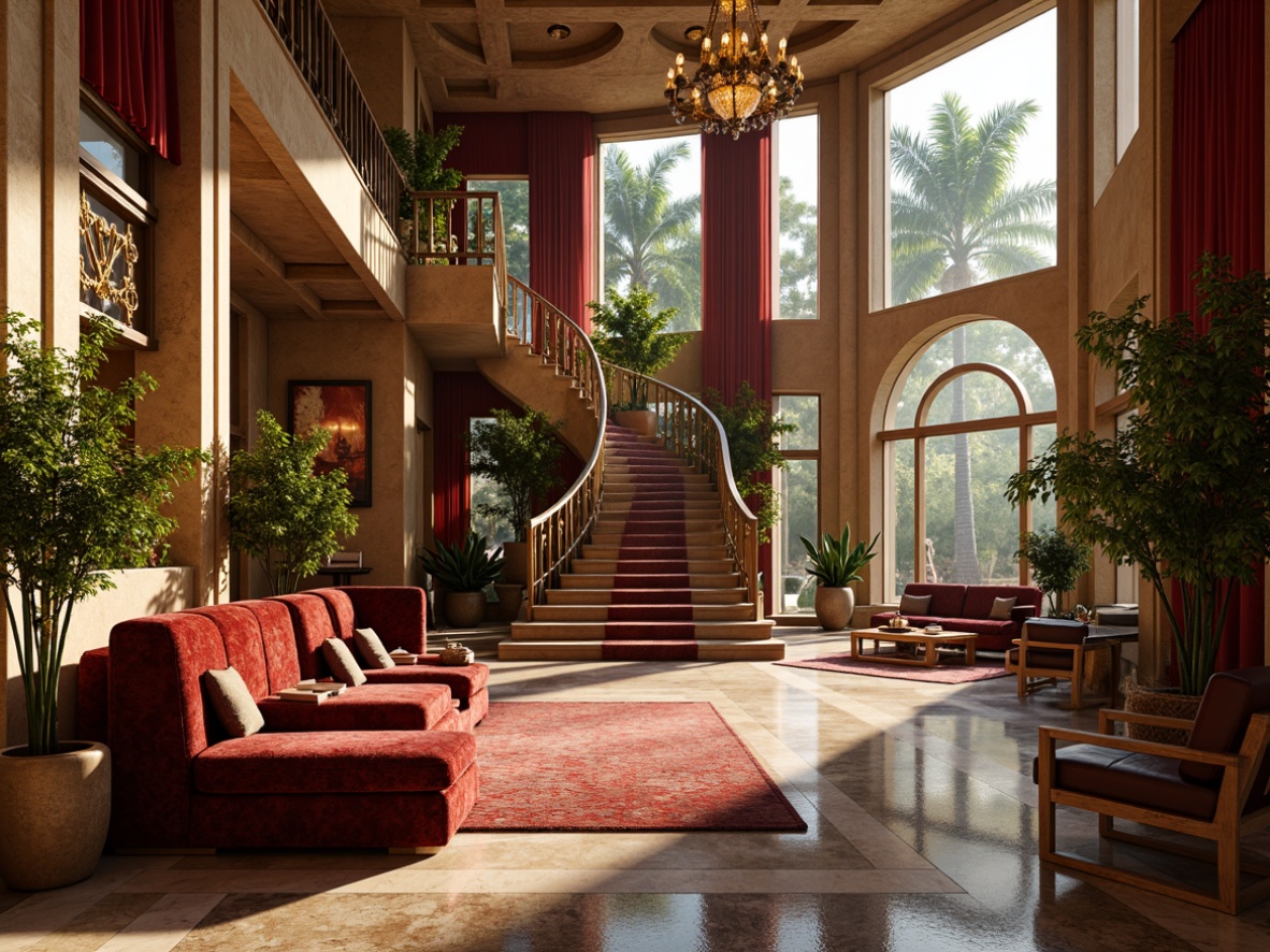 Prompt: Luxurious villa, Art Deco style, ornate furnishings, velvet upholstery, metallic accents, marble floors, crystal chandeliers, geometric patterns, luxurious fabrics, rich jewel tones, lavish decorations, opulent materials, grand staircase, high ceilings, oversized windows, abundant natural light, warm golden lighting, soft focus, shallow depth of field, 1/2 composition, ornate mirrors, intricate moldings.