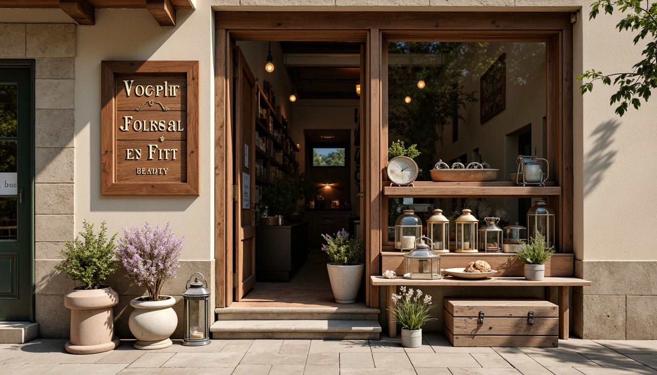 Prompt: Vintage store exterior, distressed wooden signs, rustic metal lanterns, earthy color palette, warm beige tones, rich brown textures, creamy whites, soft peach accents, natural stone walls, reclaimed wood shelves, ornate glass displays, antique fixtures, industrial lighting, cozy atmosphere, shallow depth of field, 1/2 composition, realistic rendering, subtle grain texture.