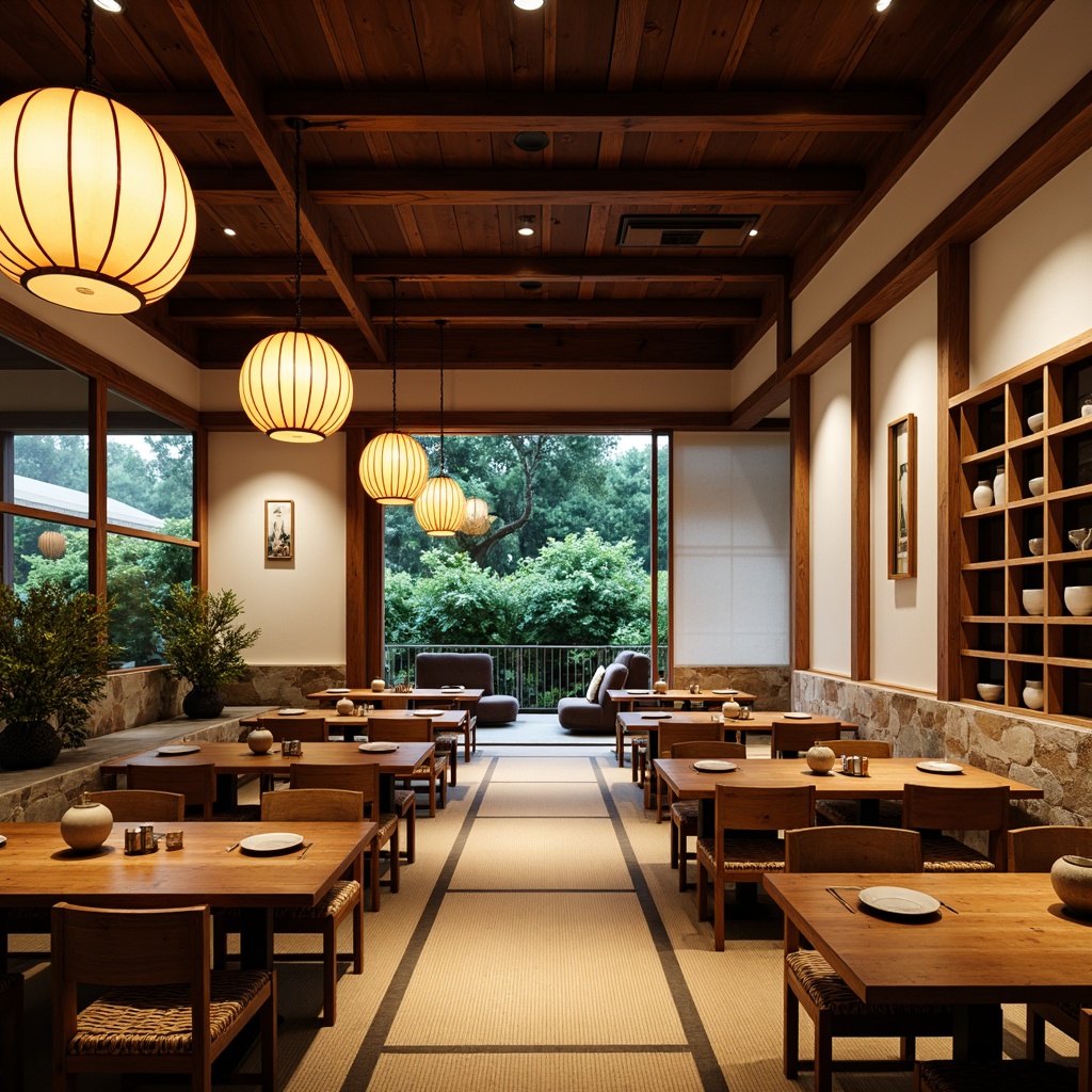 Prompt: Traditional Japanese lanterns, reclaimed wood accents, natural stone walls, sliding shoji doors, Tatami mat flooring, low-seating wooden tables, woven bamboo chairs, hand-painted ceramic vases, rustic metal wine racks, earthy tone color palette, soft warm lighting, subtle aromas of sake and tea, elegant simplicity, minimalist decor, nature-inspired textiles, Asian-influenced patterns, serene ambiance, intimate setting, 1/2 composition, shallow depth of field, realistic wood grain textures.