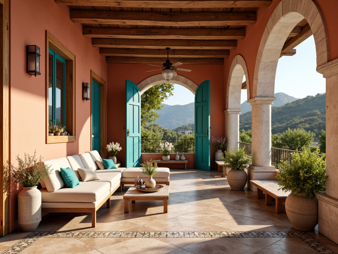 Prompt: Warm terracotta walls, soft creamy whites, rich turquoise accents, weathered wood tones, natural linen fabrics, distressed stone floors, vintage metalware, ornate ceramic tiles, lush greenery, bright azure skies, warm golden lighting, shallow depth of field, 1/2 composition, realistic textures, ambient occlusion.