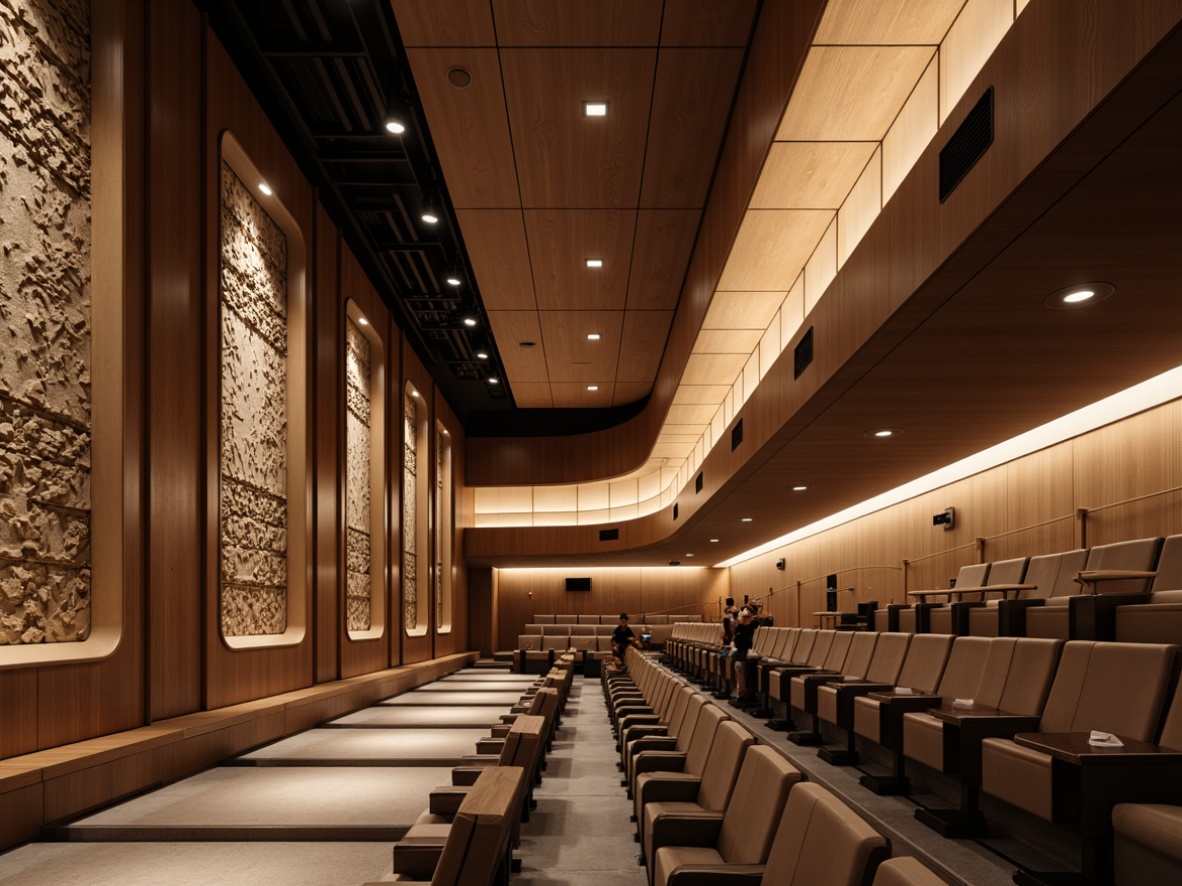 Prompt: Streamlined auditorium, modern minimalist decor, acoustic panels with geometric patterns, sound-absorbing materials, sleek wooden walls, polished metal accents, curved lines, futuristic lighting fixtures, high ceilings, spacious interior, premium leather seats, sophisticated ambiance, warm neutral tones, subtle texture variations, 1/1 composition, softbox lighting, realistic reflections, ambient occlusion.