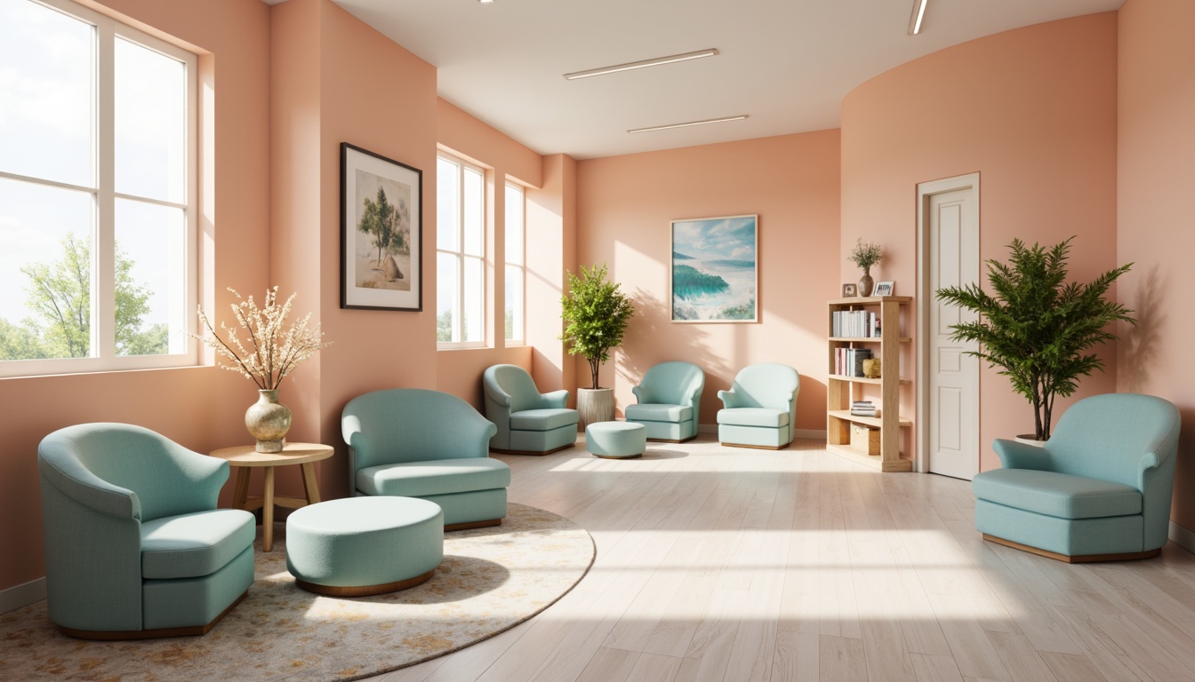 Prompt: Soft peach-colored walls, calming natural light, gentle curves, minimalist furniture, comfortable seating areas, warm wood accents, soothing aqua tones, ergonomic chairs, adjustable height desks, accessible storage units, soft-close drawers, rounded corner tables, acoustic paneling, sound-absorbing materials, quiet flooring, peaceful artwork, serene landscape prints, nature-inspired patterns, organic shapes, calming textiles, subtle branding elements, wayfinding signage, clear navigation paths, flexible modular layouts, technology-integrated care stations.